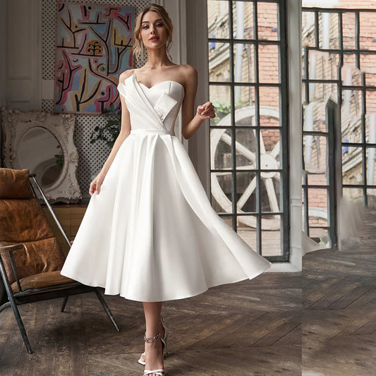 Satin Short Wedding Dress Sweetheart Elegant Side Slit Lace Up Back For Women Bridal Gowns White Crystal Beading Elegant