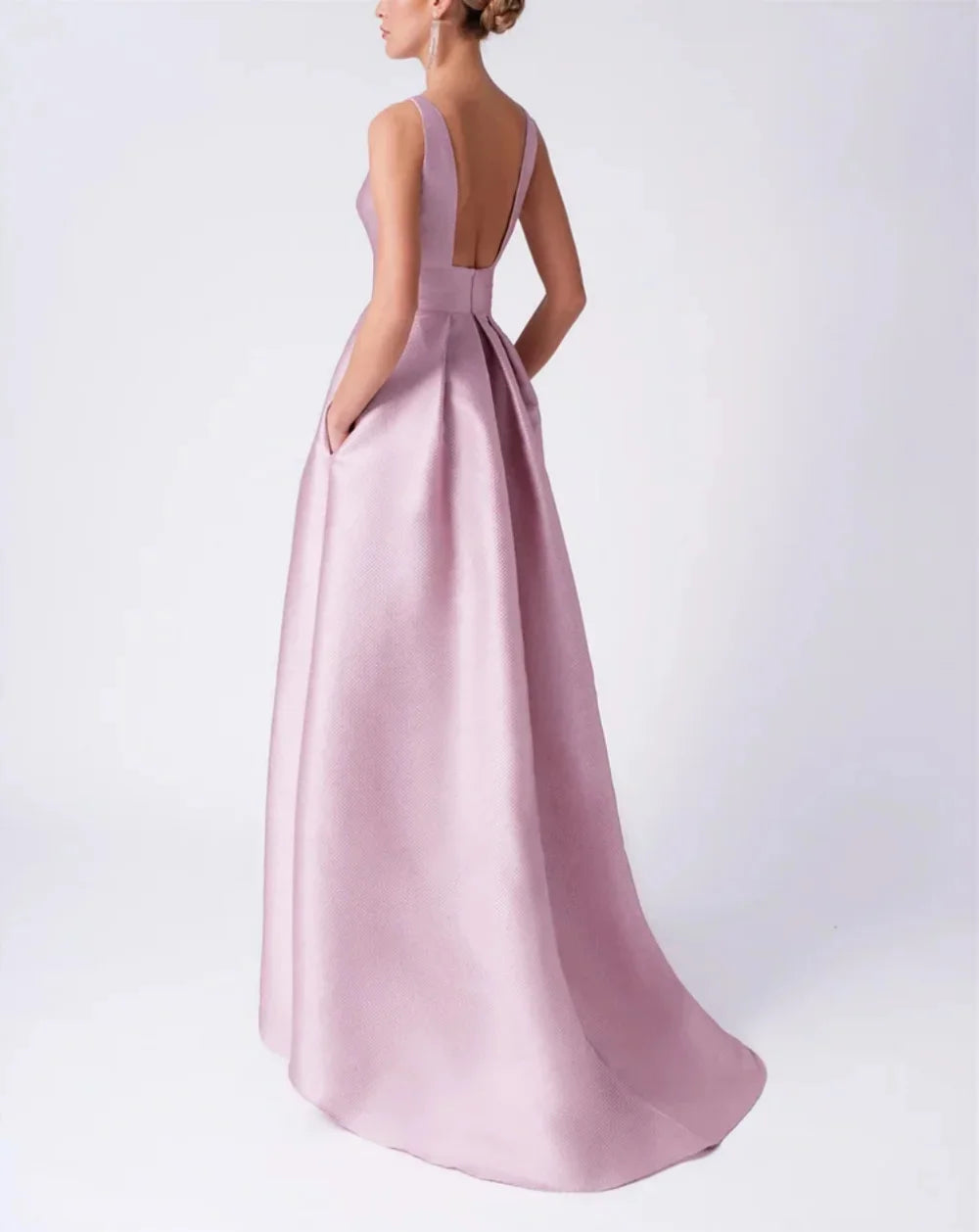 Pink Satin Prom Dresses Backless A-line High-low فساتين السهرة Elegant Sleeveless Floor-Length vestidos verano moda