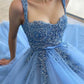 Heart Shaped Neck Beaded A-line Tulle Prom Dress Lace Embroidery vestido de gala Sleeveless فساتين السهرة