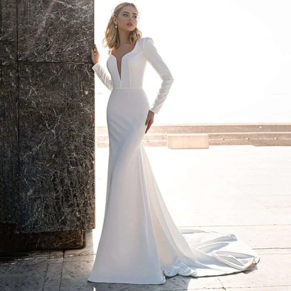LoveDress Simple V-Neck Wedding Dress With Detachable Train Long Sleeve Button Modern Mermaid Bride Gown Backless Robe de mariée White 28w