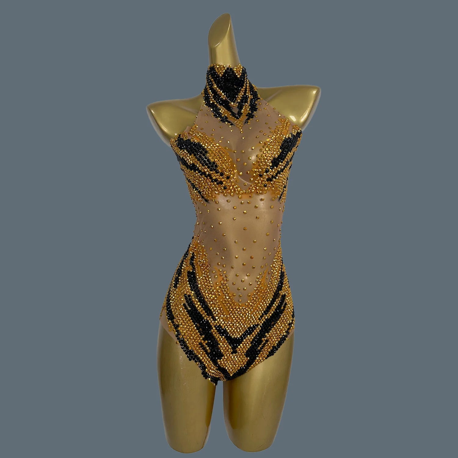 Luxury Birthday Party Outfit Rhinestones Leotard Dancer Costume Bodysuit for Women Crystal Evening Dress Stage Show Wear Huniu Gold One Size