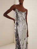 Women's Elegant Silver Sequins Slip Long Dress Sleeveless 3D Flowers Embellished Cocktail Party Evening Gown