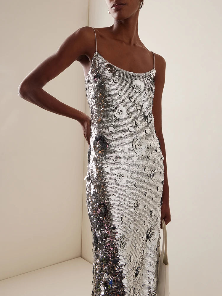 Women's Elegant Silver Sequins Slip Long Dress Sleeveless 3D Flowers Embellished Cocktail Party Evening Gown