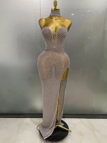Luxurious Full Rhinestones Mesh Transparent long dress Women Birthday Celebrate Evening Prom Dress party Club Stage Costume Khaki