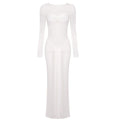 Solid Ruched Long Flare Sleeves Maxi Dress Elegant White Tie Waist High Neck Pleated Draped Backless Party Evening Dress WHITE