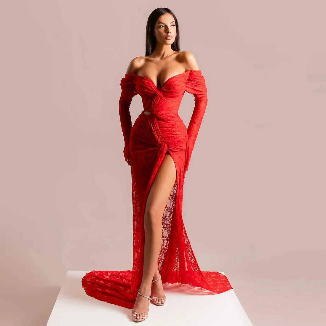 Dramatic Red Lace Long Prom Dresses Sexy High Slit Cut-out Mermaid Prom Dress Custom Formal Party Dress vestidos de fiesta Red
