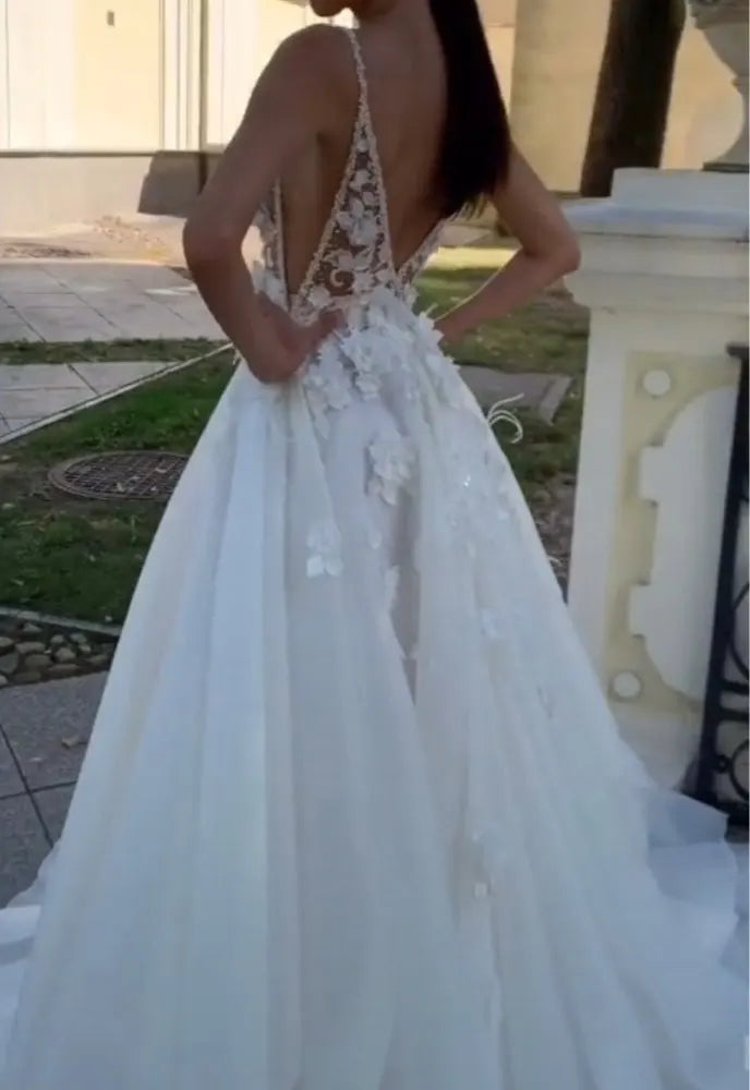 Ilusi Ilusi Spaghetti Tali Renda Applique Gaun Perkahwinan Line Custom Made Sweep Train Bridal Dress Novia Vestido