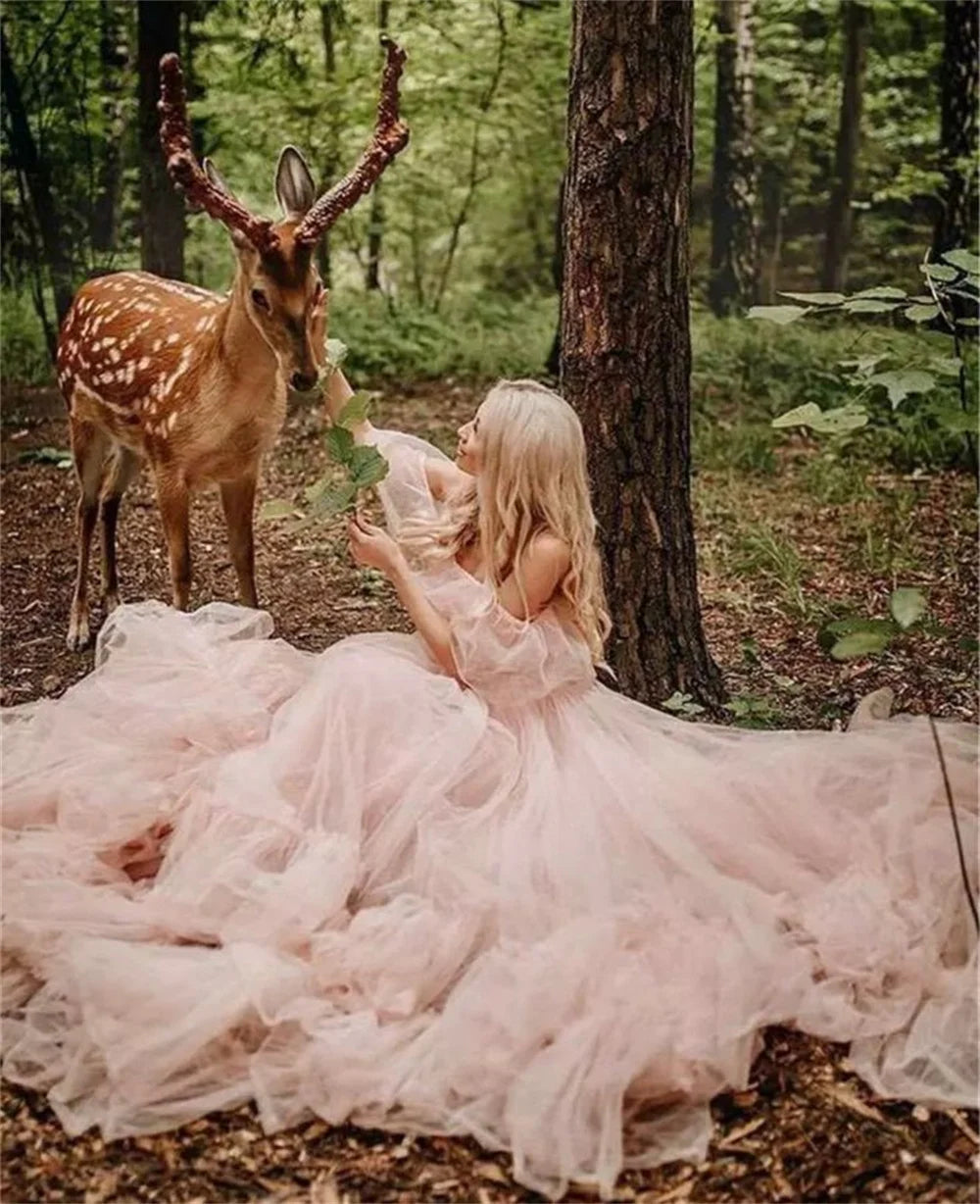 Vestido De fiesta De princesa, Vestidos De Noche, vestido De fiesta con hombros descubiertos, tren De barrido De tul rosa claro فساتين السهرة