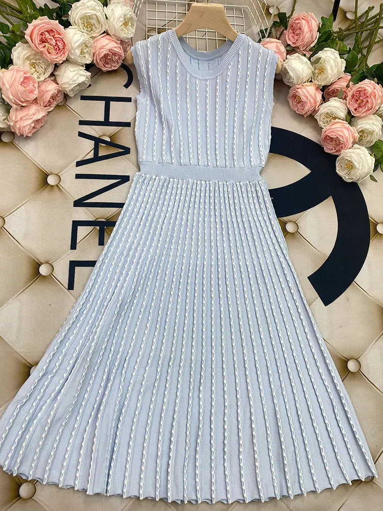 Listing Elegant Striped Knit Dress Women O-neck Sleeveless A-line Dresses Club Evening Party Midi Vestido SKY BLUE