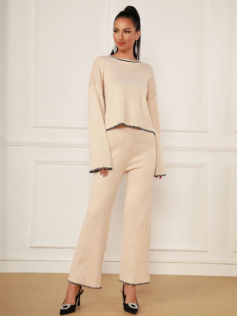Spring Casual Women's Knitted Pants Set O-neck Long Sleeve Hoodie Loose Knitted Shirt+Straight Pants Two Piece Set