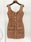 Elegant Women's Button Design Dress Camisole Sleeveless Slimming Mini Dress Celebrity Cocktail Evening Party Vestidos Brown
