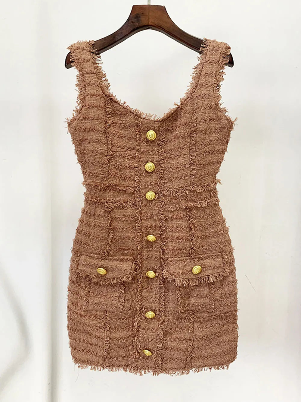 Elegant Women's Button Design Dress Camisole Sleeveless Slimming Mini Dress Celebrity Cocktail Evening Party Vestidos Brown