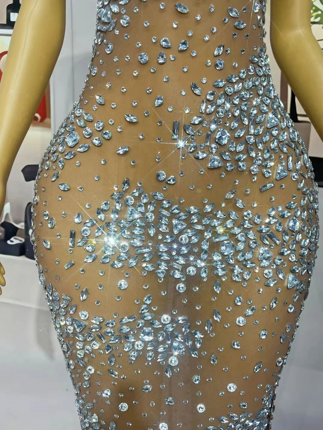 New Women's Sexy Maxi Dress Bodycon Mesh Ball Dress Birthday Party Queen Gown Sparkly Rhinestone Bar Evening Dress Xingmangzhiwu
