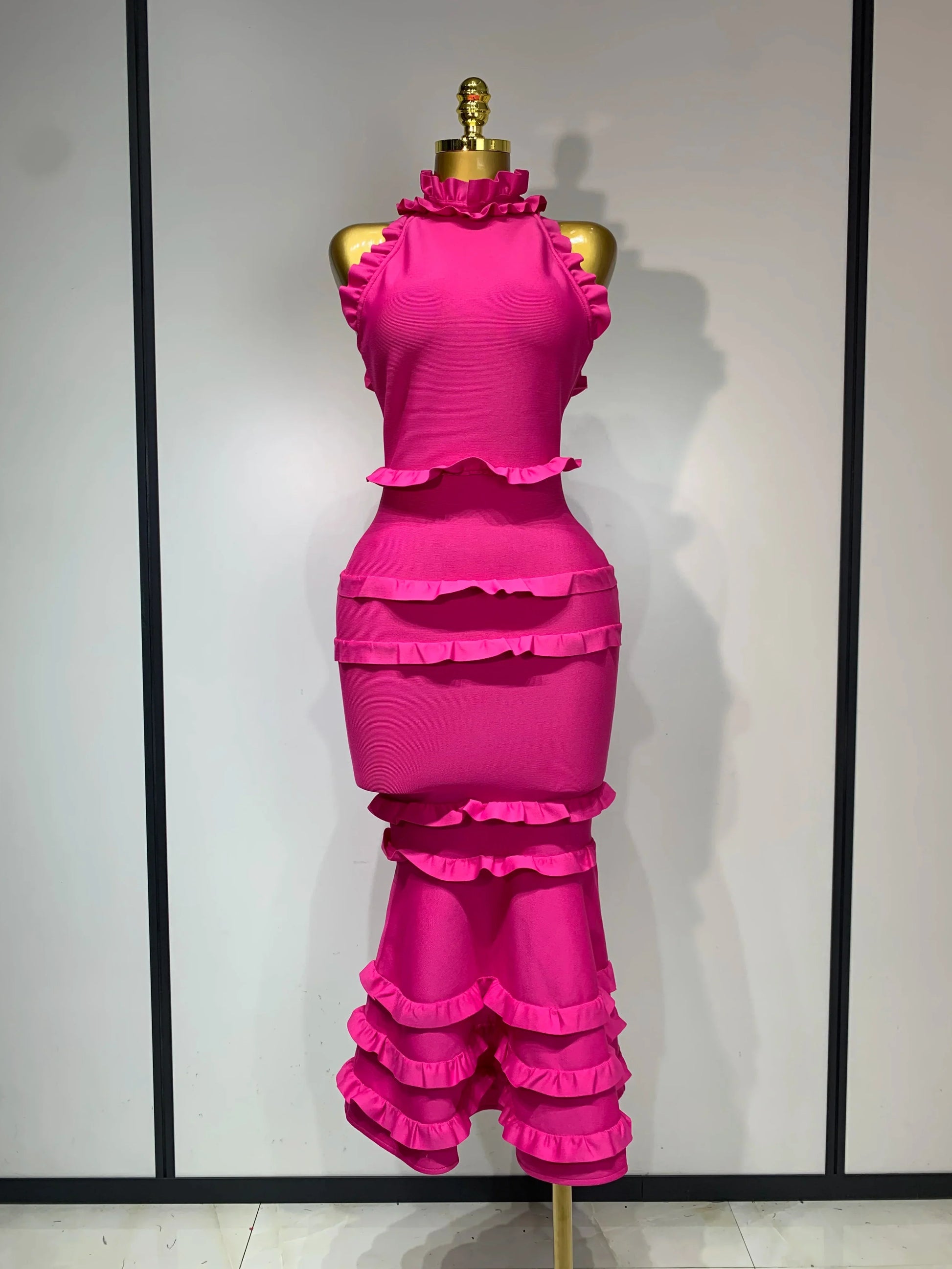 White Elagant Retro Ruched High Collar Bodycon Bandage Dress Evening Party Fashion Simple Birthday Gown Rose Red