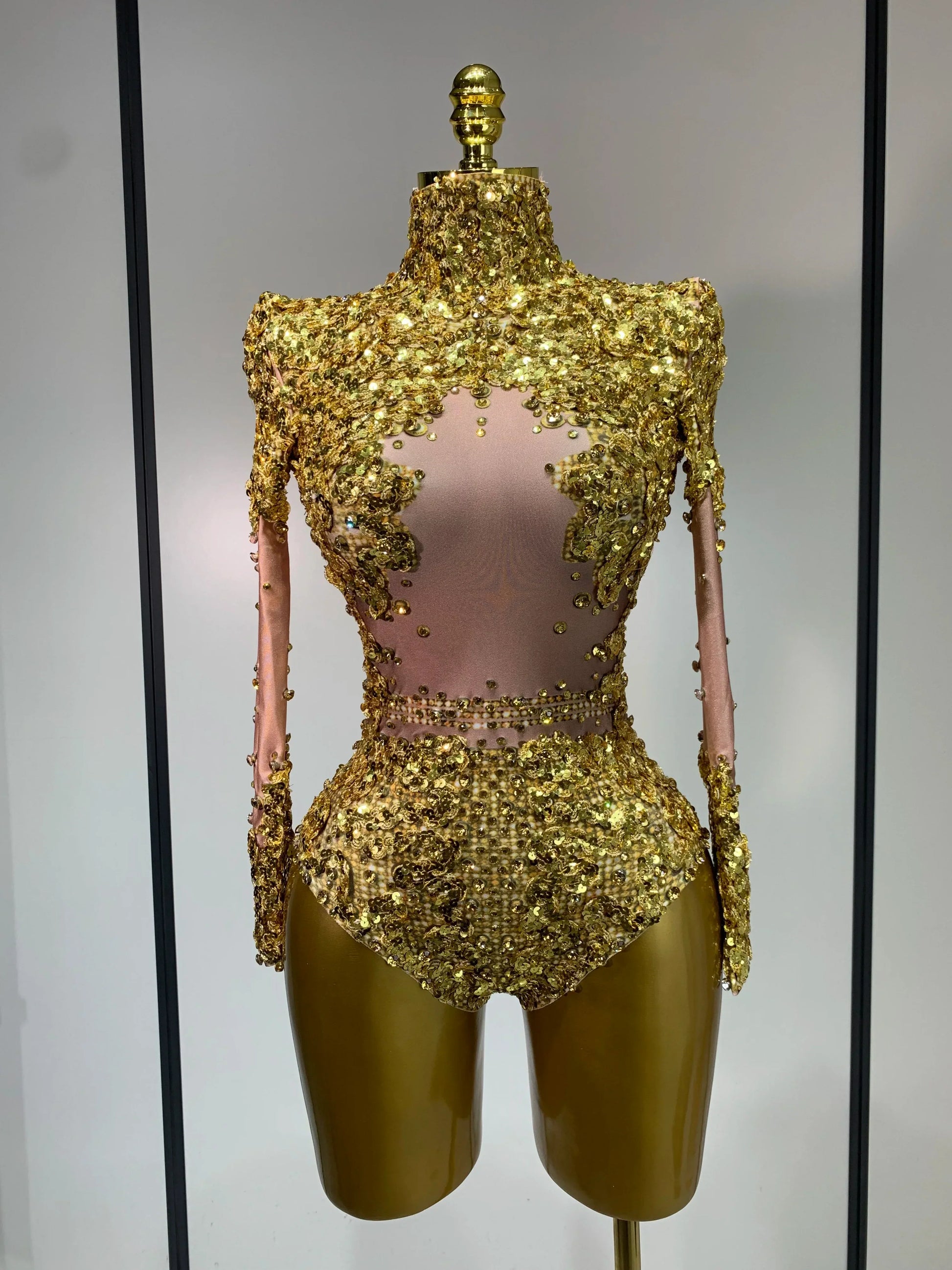 Sparkly Gold Rhinestone Sequin Stretch Bodysuits Women Luxury Birthday Party Nightclub Dancer Stage Performance Costume Gold