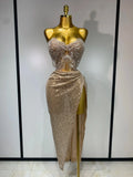 Shinning Beading Sequins Women Sexy Strapless Bodycon Two Pieces Set Celebrate Nightclub Party Luxury Birthday Stage Outfit Beige