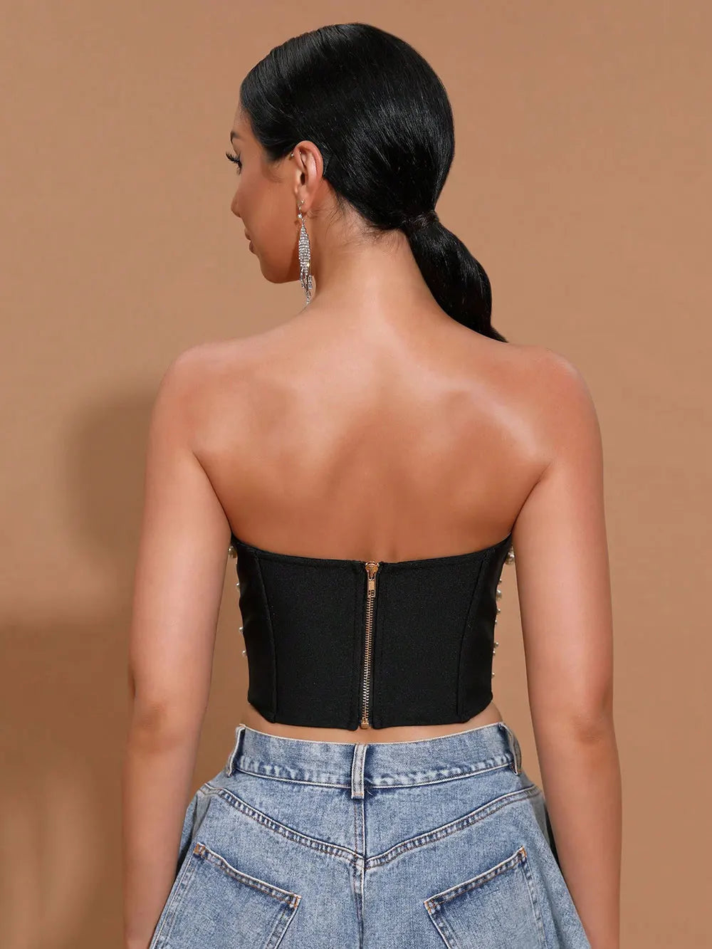 Spring Sexy Women Light Luxury Nail Bead Bandage Tank Top Single Shoulder Sleeveless Hollow Out Back Hoodie Ultra Short Top