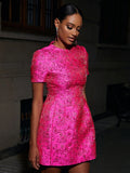 Elegant Dresses For Women Chic Beautiful Flower Jacquard Hot Pink Gowns Short Sleeve Mini Dresses Summer