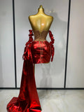 Sparkly Diamonds Sexy Mesh See Through Mini Dress Glove Women Celebrate Party Luxury Birthday Nightclub Perform Stage Outfit