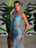 Blue Long Mermaid Party Dress Sequins Beaded Deep V Neck Plunge Halter Cut out Bodycon Cocktail Party Evening Gowns