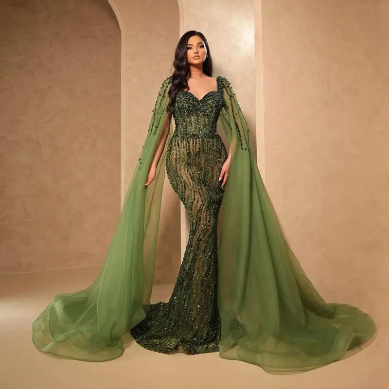 Vestidos de fiesta de sirena con cuentas de color verde oliva Perlas hechas a mano Mangas casquillo Árabe Dubai Vestido para ocasiones formales Vestidos de fiesta elegantes 2023