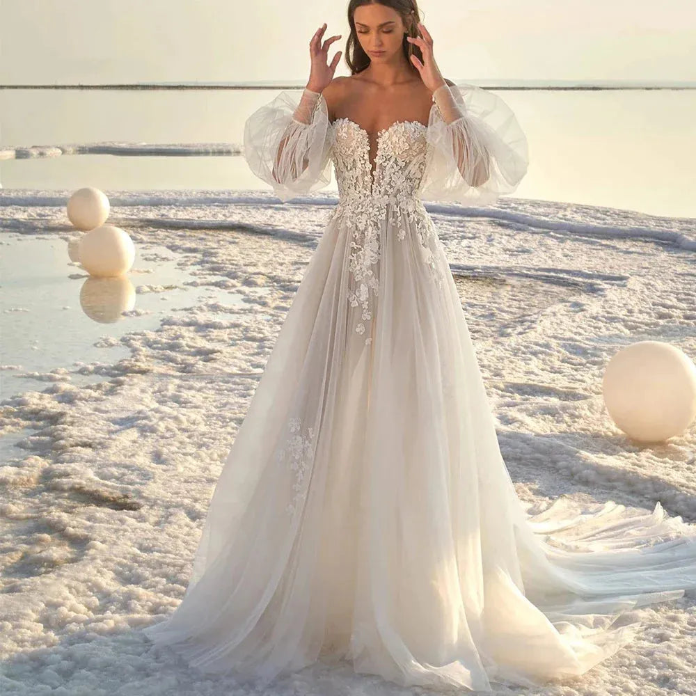 Bohemian Wedding Dresses Women's Elegant Bubble Sleeve Applique Sexy Open Back Bridal Gowns Formal Beach Formal Beach Party Ivory 14w