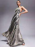 Starry Silver Sequin Strappy Backless Sleeveless with Ruffle Mesh Details Dressfor Party Glamour Gown