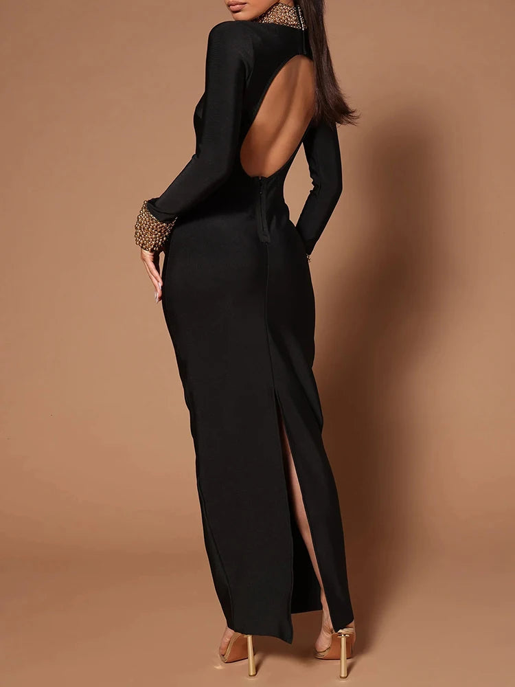 Winter Black Women Long Sleeve Sexy Golden Beading Bodycon Bandage Maxi Runway Cocktail Celebrity Evening Club Party Dress