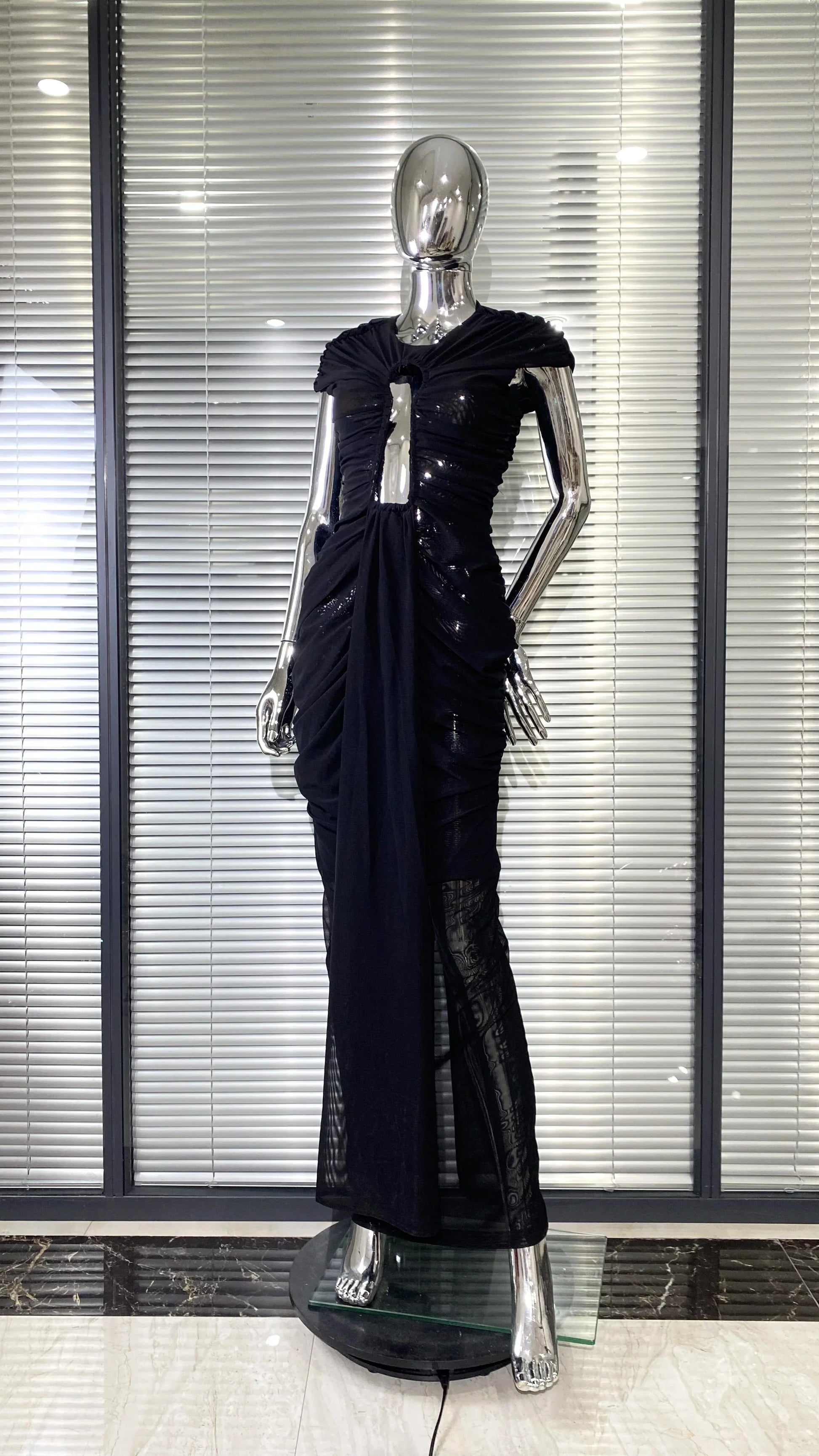 Sexy Hollow Out SeeThrough Mesh Ankle Leng Evening Dress Fashion Woman Birthday Party Vestido Celebrity Evening Party Outfit