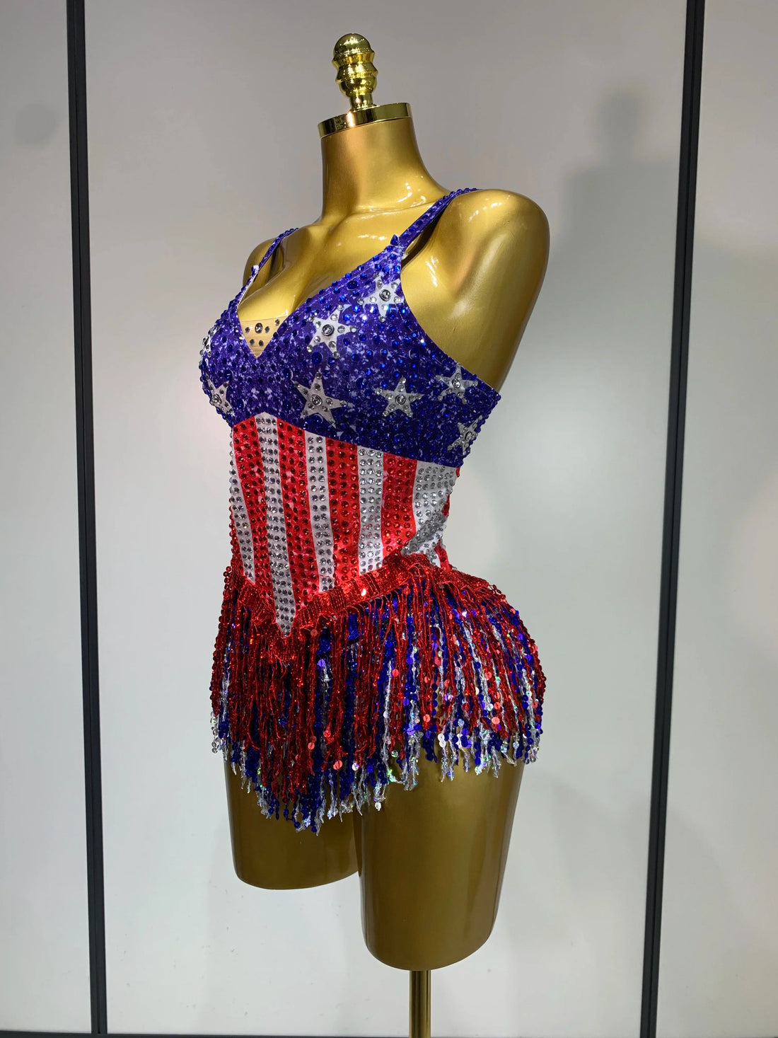 Shiny Rhinestones Tassel Bodysuit Performance Dance Singer Costume Evening Party Nightclub Stage Leotard Cheerleading Outfit Blue