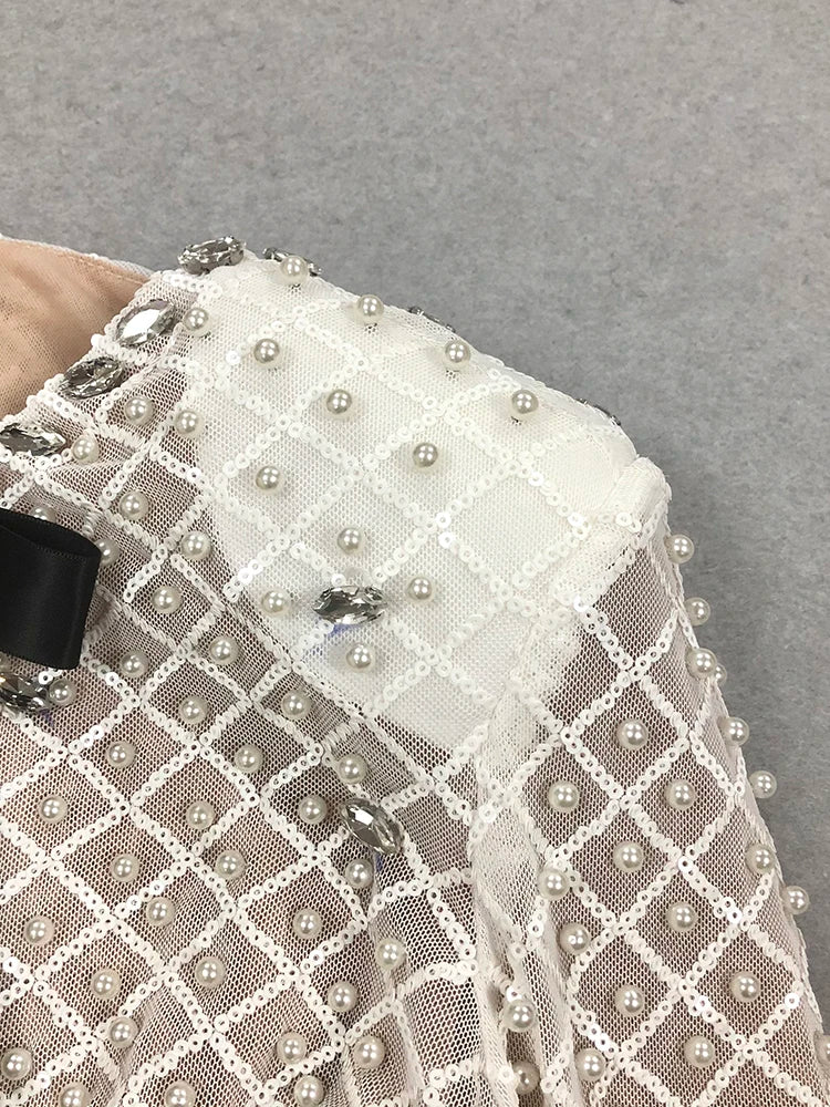 Pearl Sequins Hollow Out Short Dress For Women Sexy Long Sleeve Key Hole Bow Tie Diamond Beige Mini Evening P Diamond Beige Mini Earty Dress