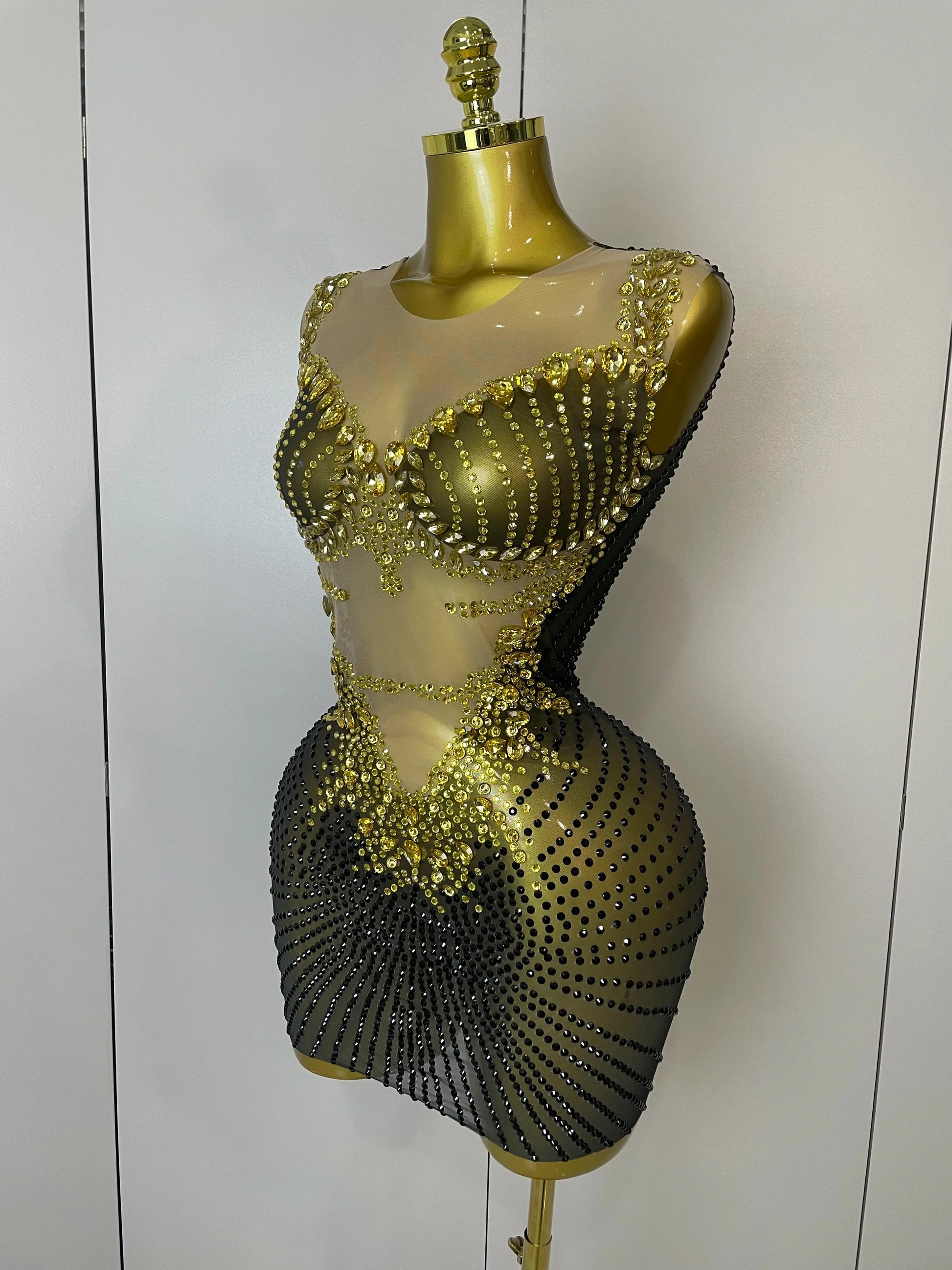 Sparkly Gold Rhinestone Transparent Sleeveless Mini Dress Evening Birthday Celebrate Party Nightclub Performance Costume