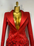 Luxury Rhinestone Deep V-Neck Slim Fit Red Suit Dress Fashion Celebirty Elegant Evening Club Party Dresses