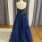 Navy Blue Evening Dresses Tulle Lace Applique Rhoenstone Strapless Sweetheart A Line Long Floor Length Prom Gowns Custom made