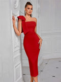 Formal White Evening Cocktail Party Prom Elegant One Shoulder Wedding Guest Mid-calf Length Celebrity Women Dresses Club Red