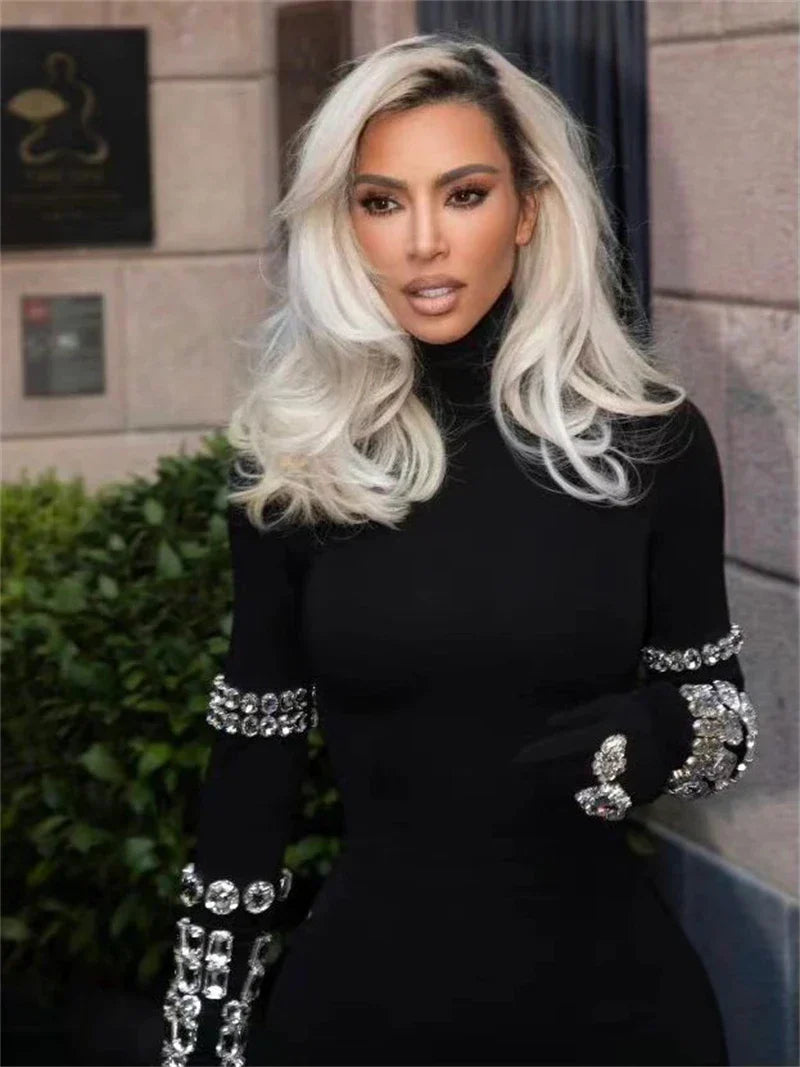 Shining Diamonds Sleeve Black Bodycom Bandage Jumpsuit Fashion Woman Party Outfit Nightclub Performance Costume