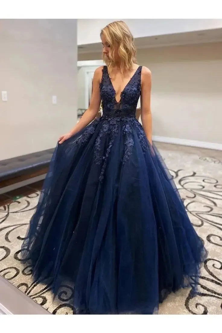 Navy Blue Evening Dresses Long Floor Length V Neck Sleeveless Floral Lace Applique Formal Party Women Prom Gowns Custom made Navy Blue