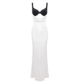 Women Cut-out Long Dress Temperament Contrast Color Combo V Neck Suspender Backless Slit Slim Mermaid Party Evening Gowns WHITE