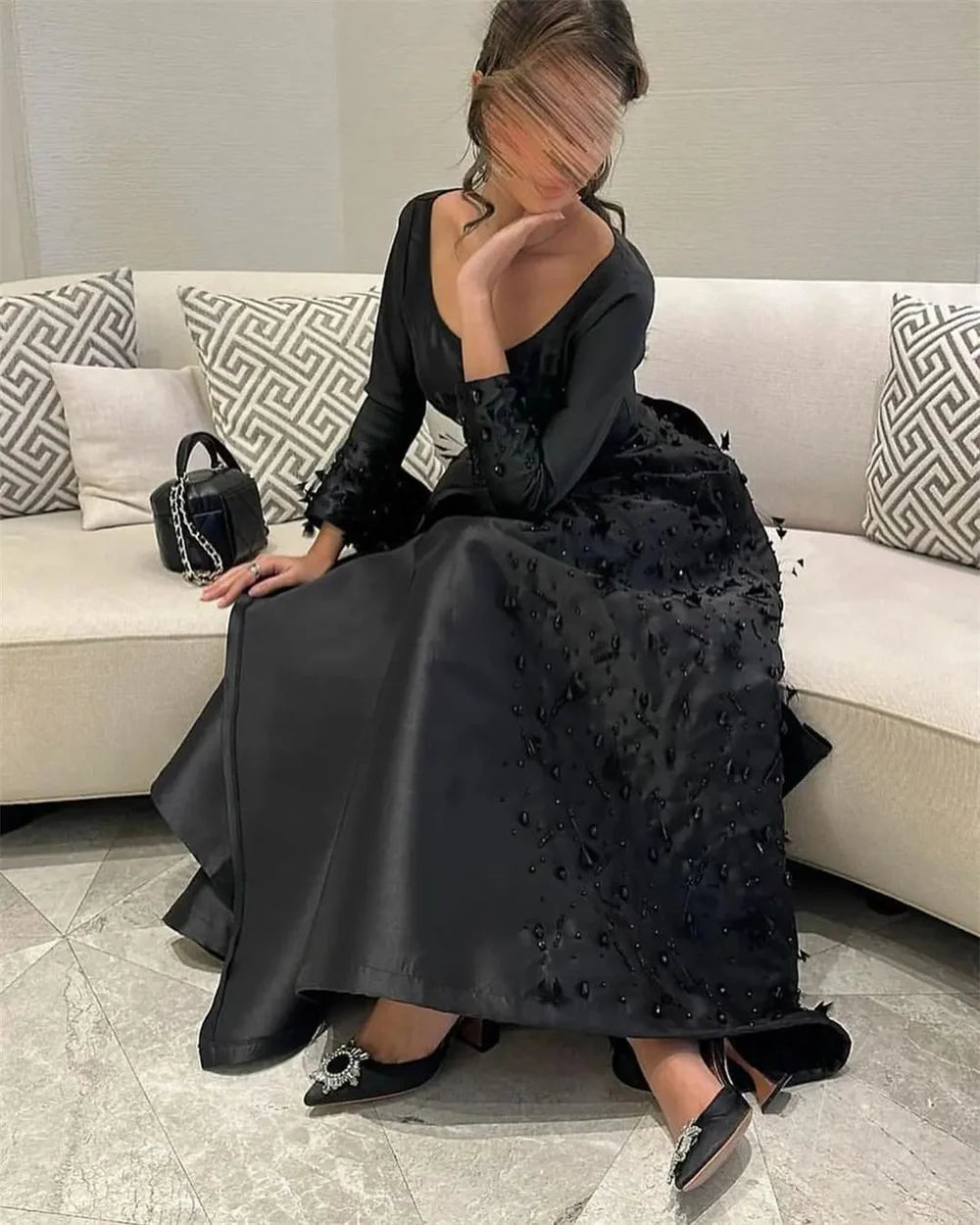 Black Long Sleeves فساتين سهره فاخره  Satin Slim A-line Prom Dresses Nobility Elegantly Handmade Vestidos De Noche