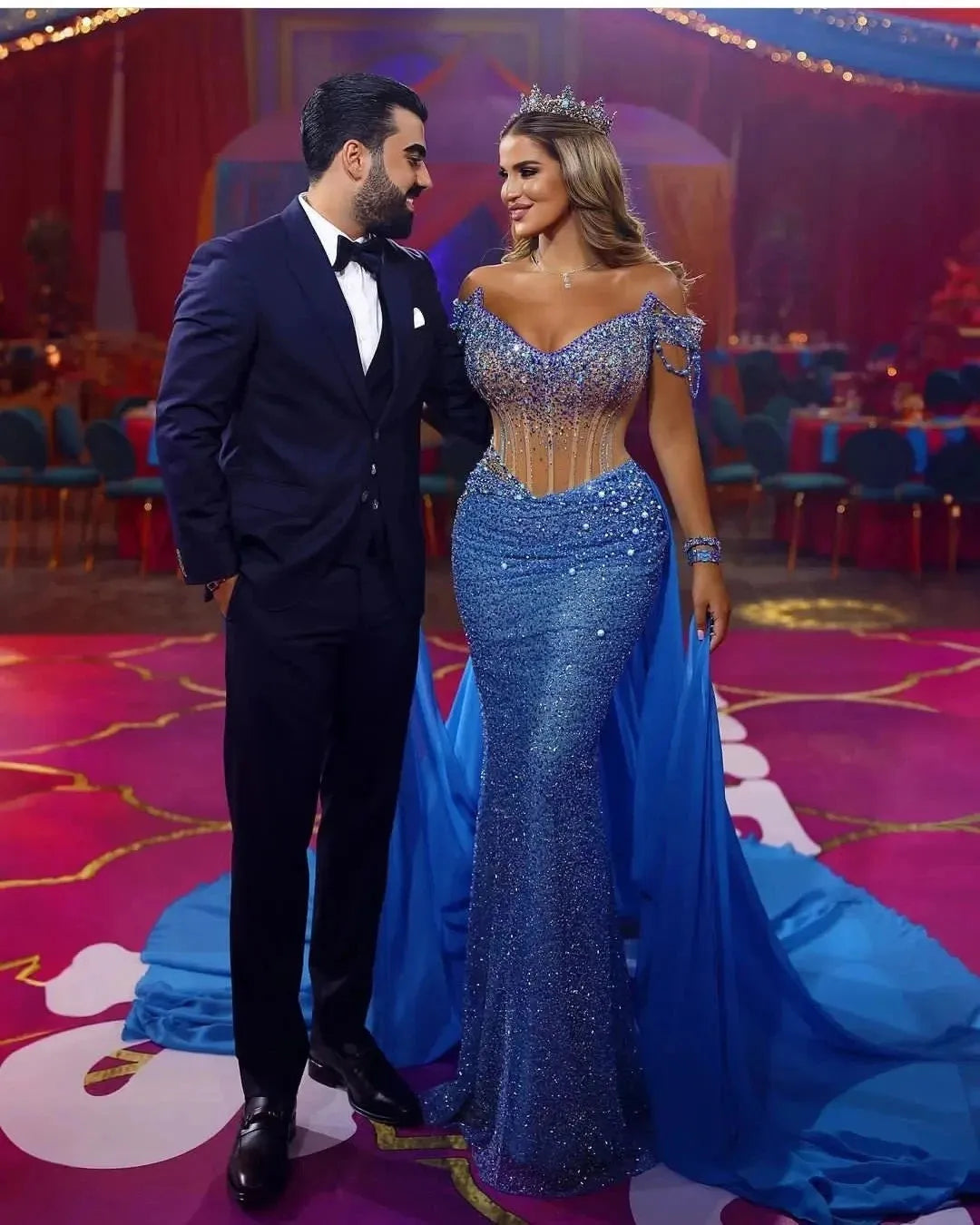 Dubai Arabic Blue Mermaid Evening Dresses with Shawl Cape Off