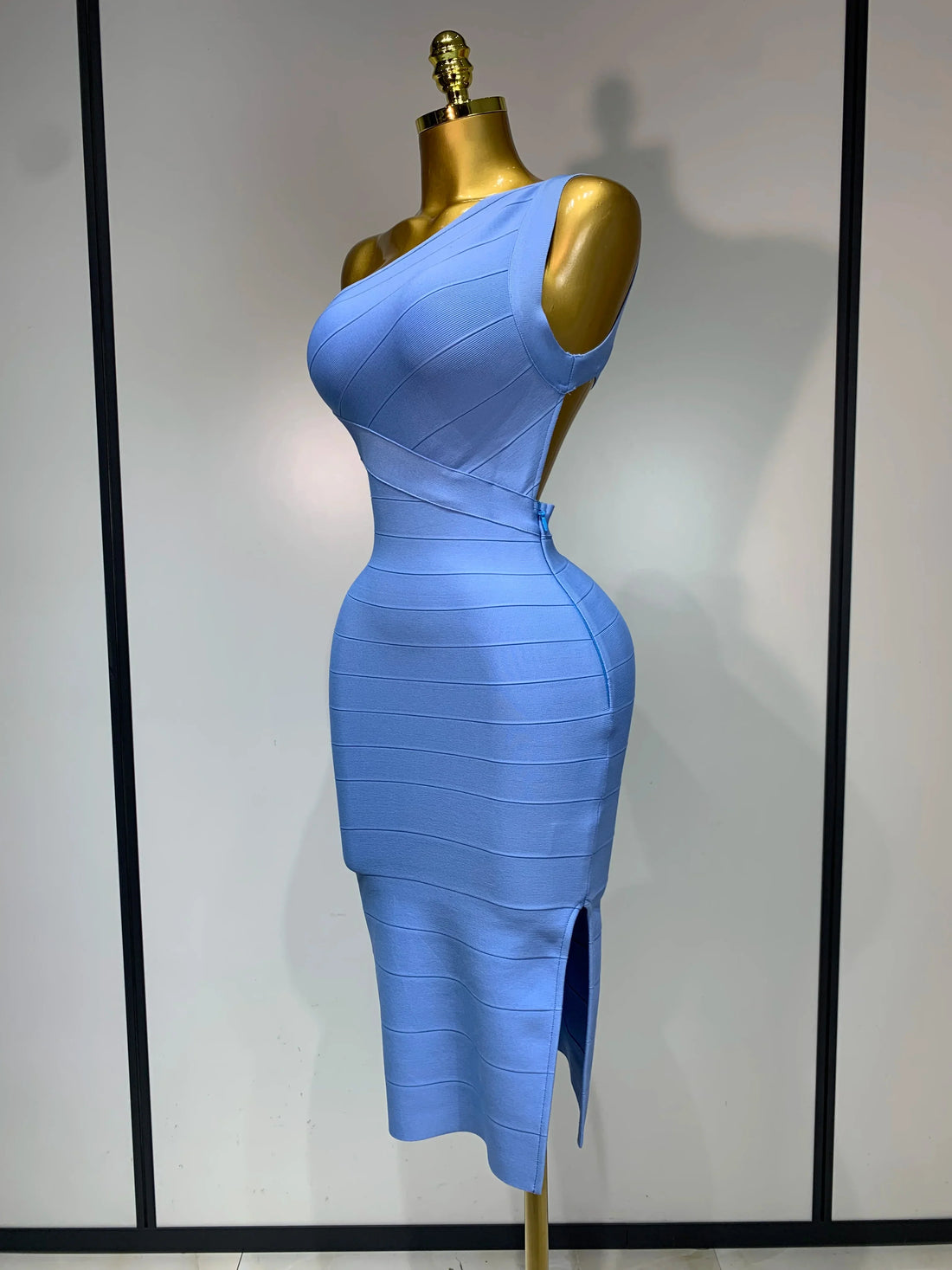 Women Bodycon Bandage Dress One Shoulder Sleeveless Sexy Backless Dress Cocktail Evening Party Vestidos Luxury Birthday Dresses SKY BLUE
