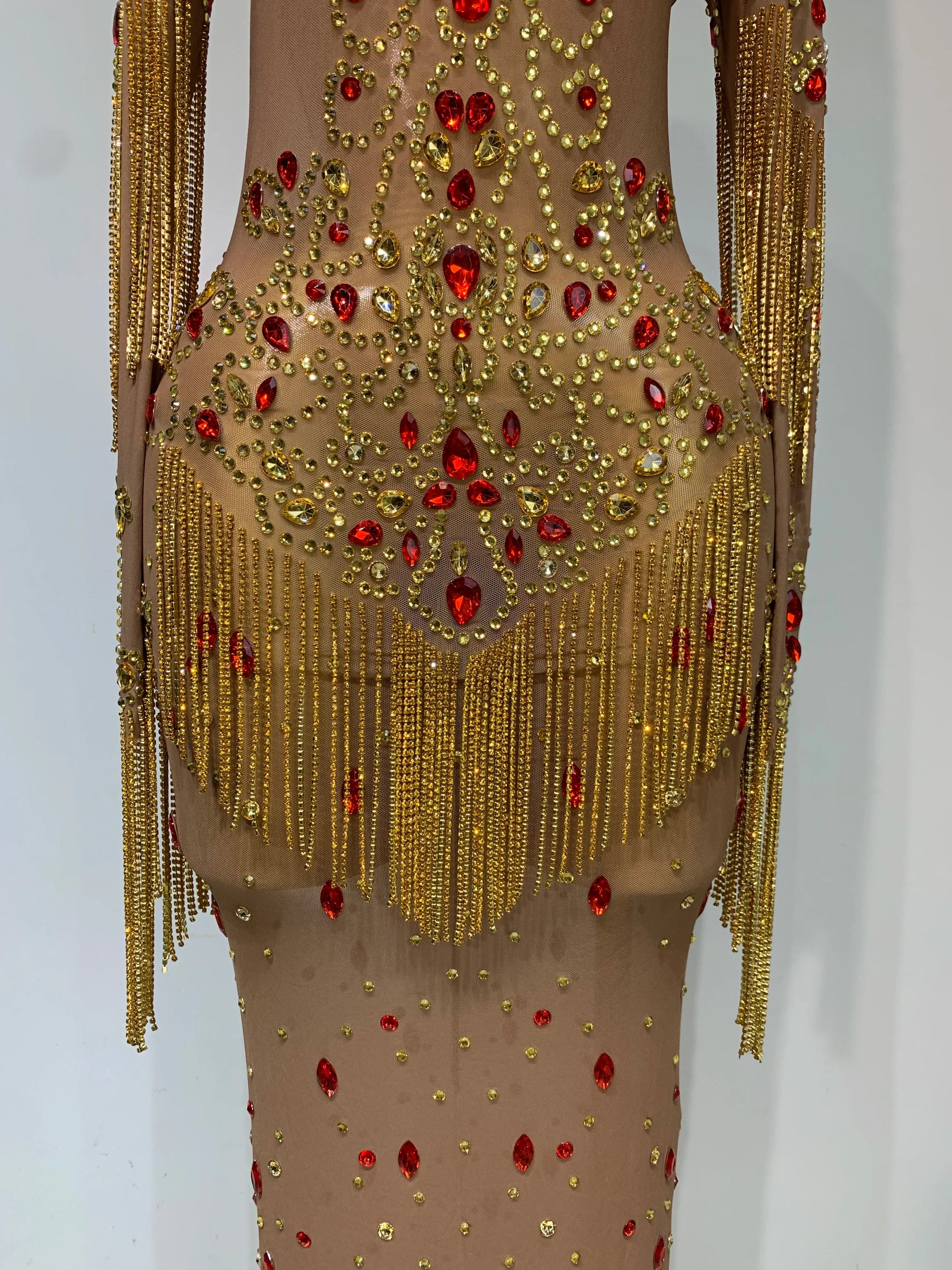 See Through Elastic Mesh Sparkly Rhinestone Stage Performan Costume Luxury Birthday Evening Party Wedding Dress