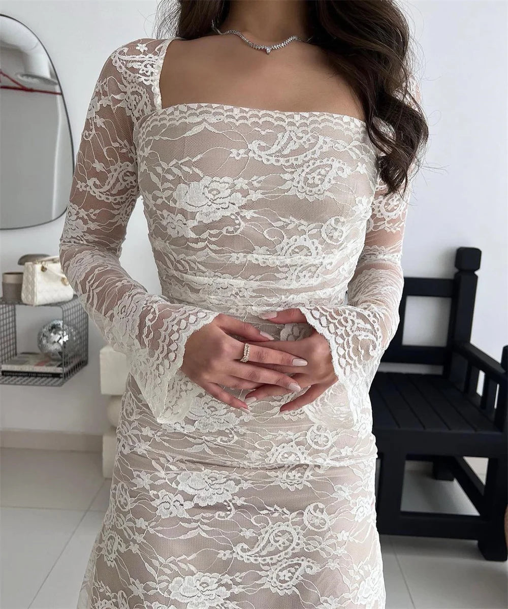 Ivory White Prom Dresses Illusion Lace Appliques فساتين السهرة Elegant Long Sleeves Floor-Length Vestidos De Noche