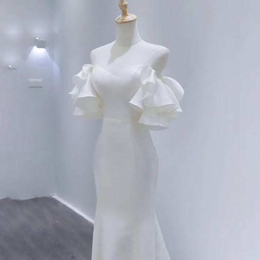 Robes de mariée en Satin blanc de luxe français, élégantes et Sexy, épaules dénudées, longues robes de soirée sirène pour bal de promo