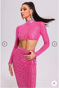 Sparkling square Diamonds Sexy Mesh See Through Top And Skirt Woman Fashion Set High Street Wear Evening Party Outfit