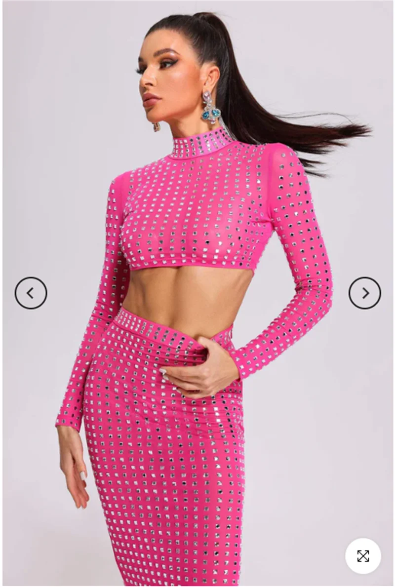Sparkling square Diamonds Sexy Mesh See Through Top And Skirt Woman Fashion Set High Street Wear Evening Party Outfit