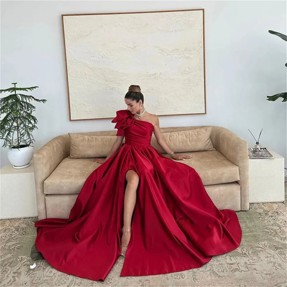 Burgundy One Shoulder فساتين سهره فاخره Elegant Sleeveless Satin Prom Dresses Floor-Length Court Train Vestidos De Noche