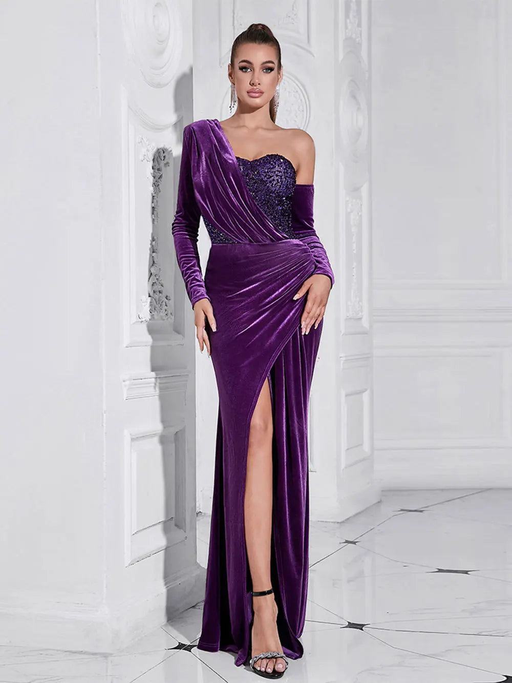 Sexy Women Light Luxury Sparkle Velvet Dress with Diagonal Collar Long Sleeve Draped Bodycon Split Body Long Dress Vestidos PURPLE