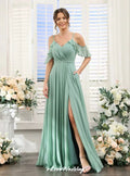 Elegant Sage Green Bridesmaid Dresses Chiffon Spaghetti-Strap A-Line Side Split Floor Length Wedding Party Dress Customized