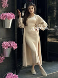 Casual Solid Knitted Sweater Long Dress Set Women Long Sleeve Loose Long Cardigan Coat&Sleeveless Mid length Dress Two Piece Set